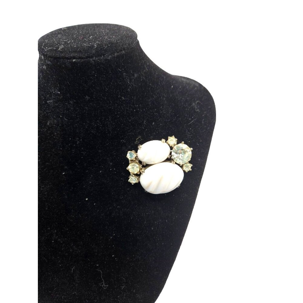 1930s Vintage Rare Reinad Signed Milk Glass Faceted Rhinestone Brooch 1.5"